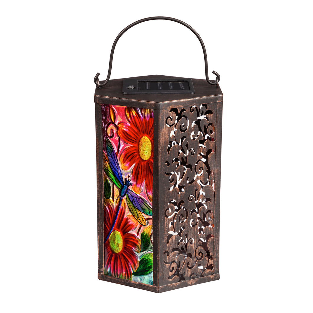 Handpainted Embossed Glass and Metal Solar Lantern - Dragonfly