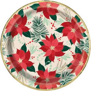 Red & Gold Poinsettia Round 9" Dinner Plates 8ct