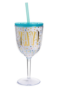 "YAY!" Insulated Wine Goblet with Lid and Straw