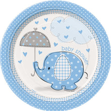 Load image into Gallery viewer, Blue Umbrellaphants Baby Shower Tableware Pattern

