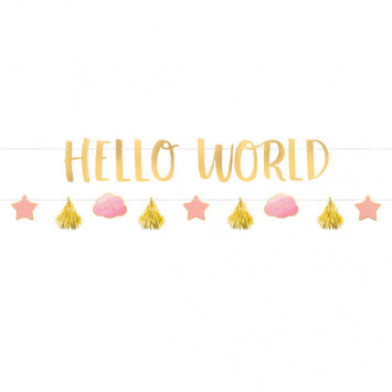 Metallic Gold & Pink Hello World Baby Banner Kit