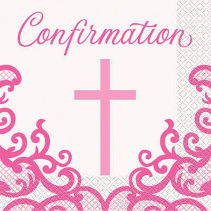 Fancy Pink Cross Confirmation Luncheon Napkins 16ct