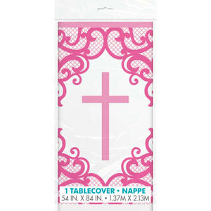 Fancy Pink Cross Rectangular Plastic Table Cover 54"x84"