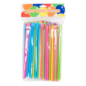 Straws W/Spoon 100Ct 4Ast Colors Per Bag