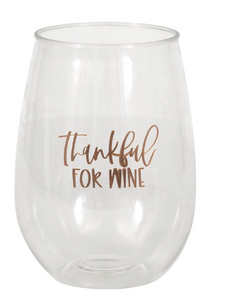 Modern Thanksgiving "Thankful" Plastic Stemless Wine Glass - Foil Stamped