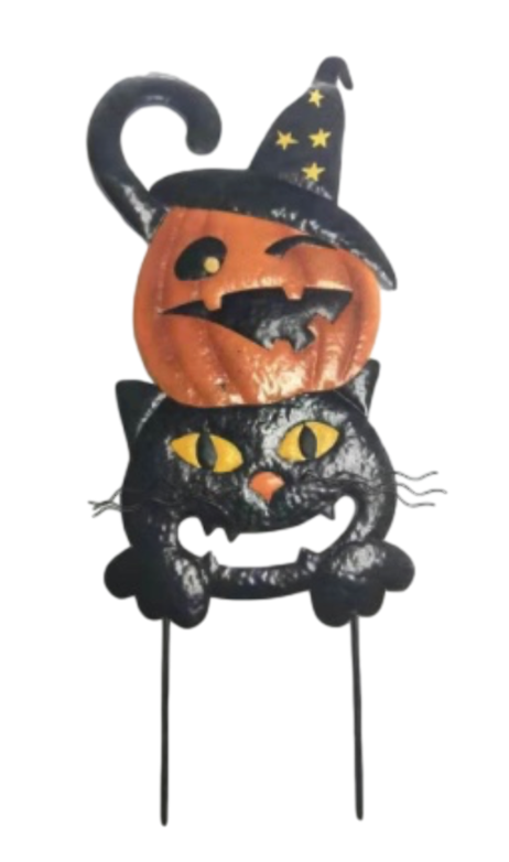 Tin Jack-O-Lantern Cat Witch Hate Stake