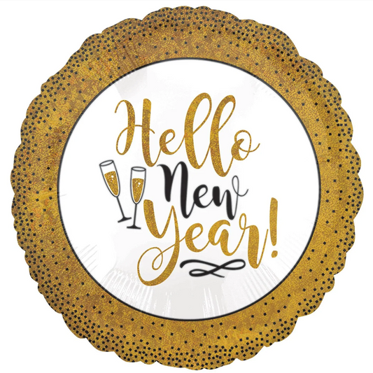 18" Gold & White "Hello New Year" Mylar