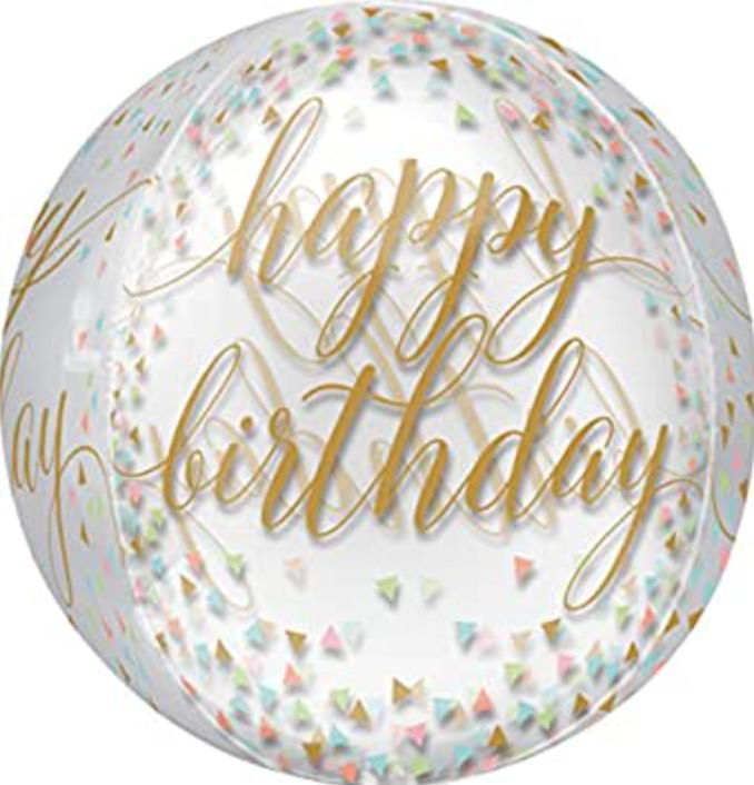 Orbz Balloon: Clear Gold Script Happy Birthday w/ Confetti