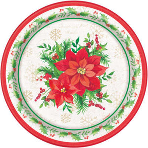 Festive Poinsettia Christmas Round 7" Dessert Plates 8ct