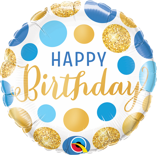 18" Birthday Blue & Gold Dots Mylar