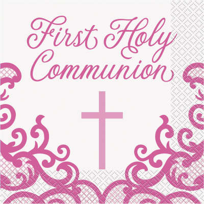 16 Fancy Pink Cross First Holy Communion Lunch Napkins