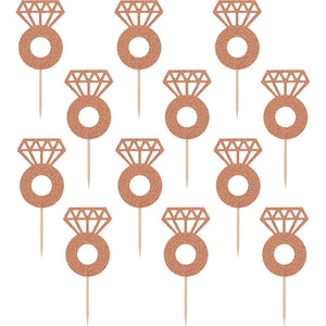Glitter Rose Gold Diamond Ring Cupcake Picks, 24ct