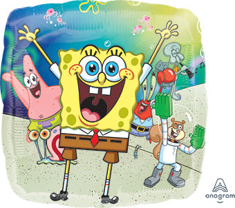 A colorful balloon featuring the character Sponge Bob Square Pants with a joyful expression, surrounded by additional characters.  Balloon delivery and pickup in Nesconset or Miller Place, NY.